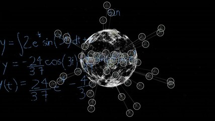 Poster - Animating mathematical equations and network connections over globe on black background