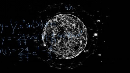 Poster - Rotating wireframe globe with mathematical equations and formulas animation