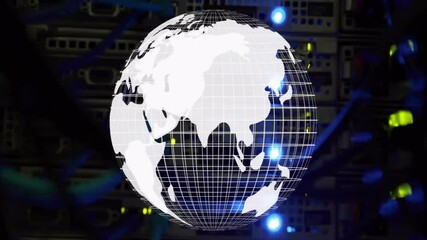 Poster - Digital network animation with glowing points and grid lines over server racks