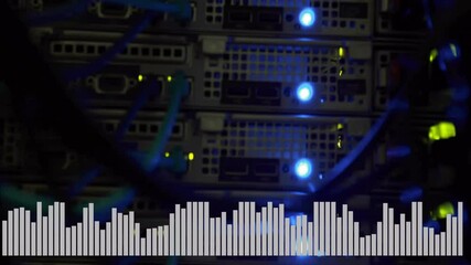Poster - Server rack with blinking lights and sound wave animation at bottom