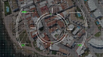 Poster - Targeting animation over aerial view of residential area with grid and data points