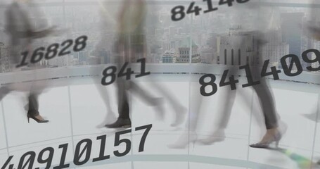 Poster - Walking business people with numbers animation over cityscape in background