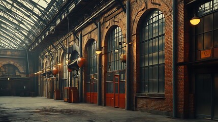  Old Brick Building With Large Windows and Glass Roof, Industrial Architecture, Vintage Interior Design