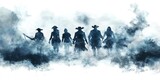 Ghostly pirate crew, emerging from the fog, haunted night, Watercolor style, isolated on white background