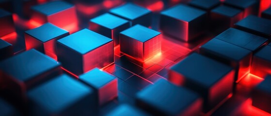 Wall Mural - Abstract digital background with glowing blue and red cubes, representing technology, data, and innovation in a vivid composition.