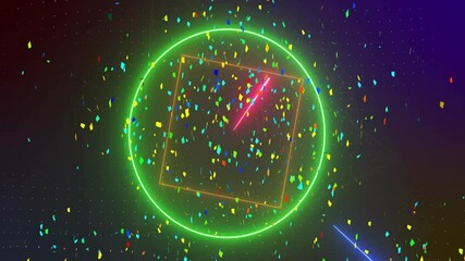 Poster - Neon circle and square with colorful confetti animation on dark background