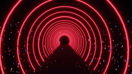Poster - Red neon rings animation over dark tunnel with falling confetti
