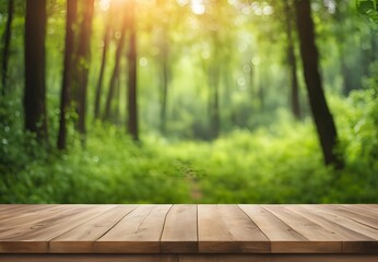 Empty wood table top with blur of nature green forest background