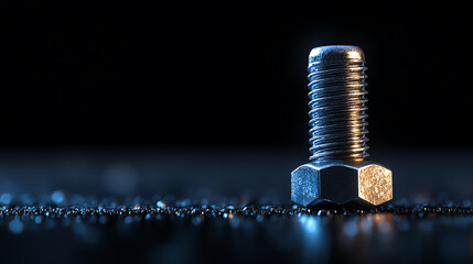 A close-up view of a shiny metal bolt on a dark, textured surface, showcasing intricate threading and reflections.