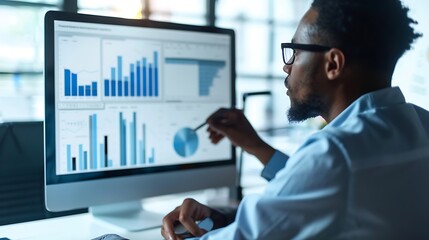 Poster - Businessman is analyzing data on a computer screen, focusing on charts and graphs.