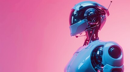Poster - Robotic cyborg with a futuristic helmet stands against a pink neon background. The robot's design is sleek and modern, with intricate details and glowing lights.