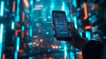 Poster - Hand holding a smartphone with a digital interface, with a blurry background of neon lights representing the concept of technology and connectivity.