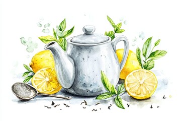 Wall Mural - A tea kettle sits on a table with a lemon and a tea bag