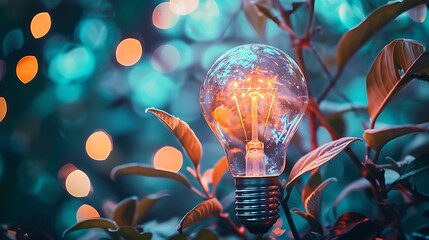 Poster - Lightbulb shines brightly in a natural setting, surrounded by leaves and a blurred background.