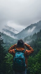 Wall Mural - Woman Hiking in Misty Mountains with Backpack