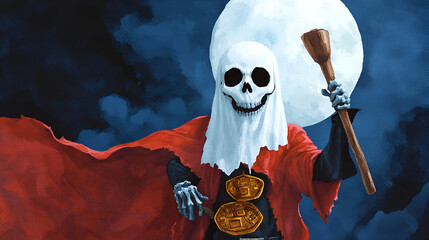 Spooky Ghost with Red Cape & Skull Mask Holding Wooden Club for Halloween Decor