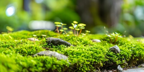 Wall Mural - Close Up of Moss and Small Plants Growing on a Rock