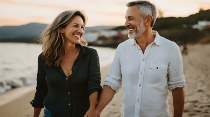 Wall Mural - Couple Holding Hands Walking On Beach At Sunset