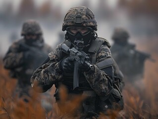 Soldiers in camouflage gear advance through tall grass during a military training exercise in a foggy environment