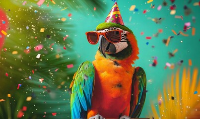 Parrot A vibrant parrot perched with sunglasses and a tiny party hat