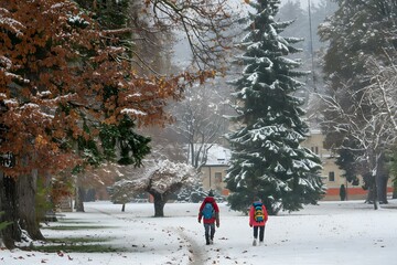 Couple Walking Through Snowy Park in Winter