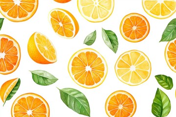 Sticker - Seamless pattern with watercolor orange citrus slices and leaves on a white background