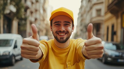 very happy delivery guy wearing a yellow cap doing thumbs up