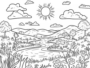 Poster - A simple coloring page with a white background and black lines, a cute cartoon landscape with a sun, clouds, flowers, grass, hills, and a river.