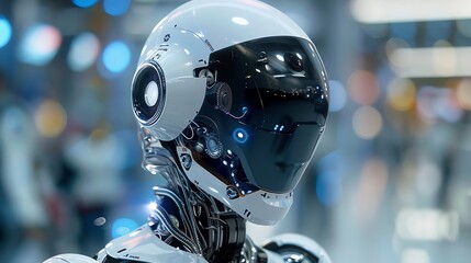 Poster - Futuristic robot's head, showcasing its advanced design and intricate details, highlighting the intersection of technology and human-like features.