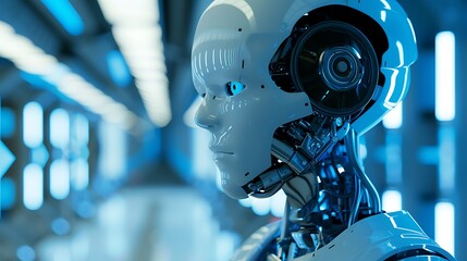 Poster - Close-up of a robotic head with intricate details and a human-like gaze, showcasing the evolution of technology in a futuristic setting.