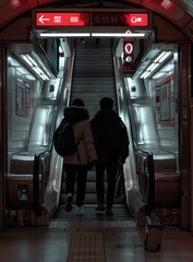 Couple Walking Down Escalator In Subway Station