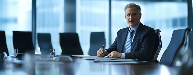 Businessman Sitting at a Conference Table in a Modern Office