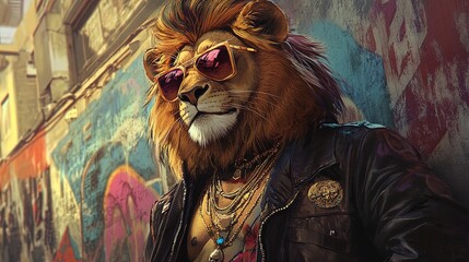 Majestic Urban Lion: An Extravagant Character in Stylish Leather Jacket, Shimmering Shades, and Opulent Jewelry - Perfect for Sporty Interior Posters and Creative Art Displays!