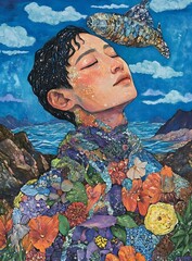 Wall Mural - Surreal Illustration Of A Man Covered In Flowers And A Fish Flying Above