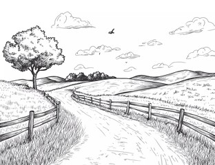 Wall Mural - Hand-drawn landscape with a road, meadow, and fence. Sketch vector illustration isolated on a white background