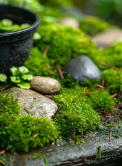 Green Moss with Stones and Pot in Background