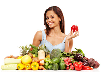 Happy woman, portrait and vegetables with nutrition for healthy diet, meal or ingredients on a white studio background. Young, female person or model with smile for natural organic food or vitamins