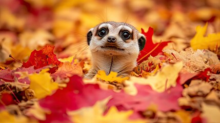 Wall Mural - Curious meerkat popping out of a pile of red and yellow autumn leaves in park