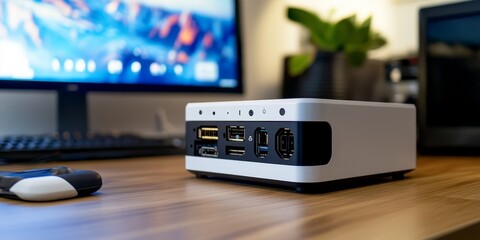 Wall Mural - a compact mini-PC, showcasing minimalist design, clean cable management, focus on portability and power, office desk setting