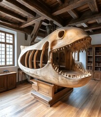 Wooden Sculpture of a Fish Skull in a Room with Bookshelves