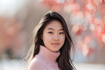 Poster - Young Asian Woman in Pink Sweater Smiling