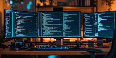 Wall Mural - a software engineer's desk, multiple monitors displaying system architecture diagrams and code