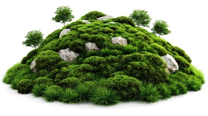 Green Grassy Hill with Rocks and Trees