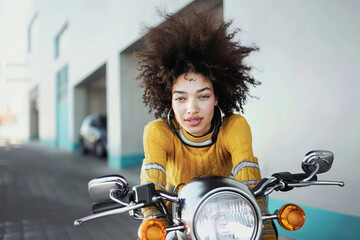 Woman Sitting on Top of Motorcycle. Generative AI