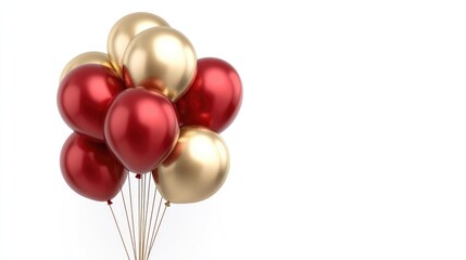 Group of fancy red and gold balloons with metallic sheen, isolated on a bright white background