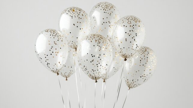 Group of clear balloons filled with metallic confetti, isolated on a white backdrop