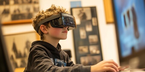 Detailed view of a student using AR glasses, historical events re-enacted in the classroom, immersive and engaging educational experience