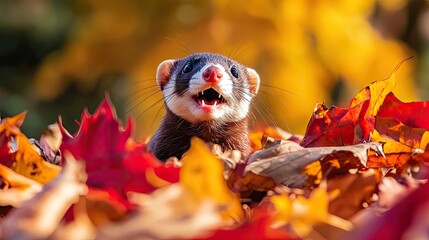 Wall Mural - Excited ferret popping out of a pile of red and yellow autumn leaves in park