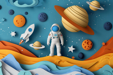 colorful paper art style space scene with astronaut and planets. generative ai image