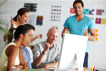 Aufkleber - Man, group and celebration by computer at startup, review or success with goals at graphic design agency. Teamwork, cheers and collaboration in office, diversity or excited for achievement at company